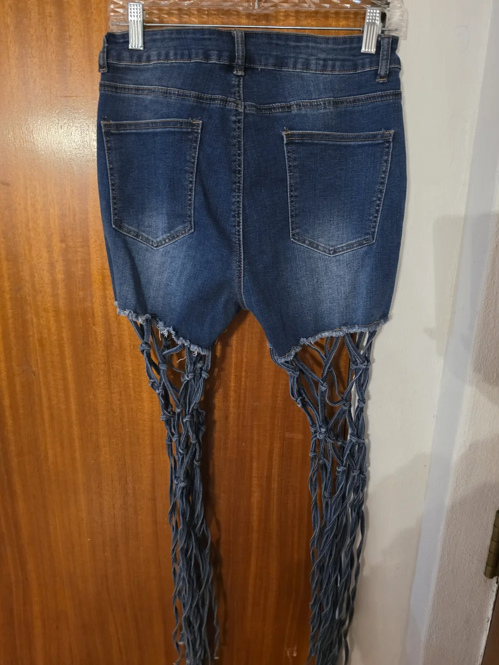 Dark Blue Fringe-Trim Denim Shorts Jeans
